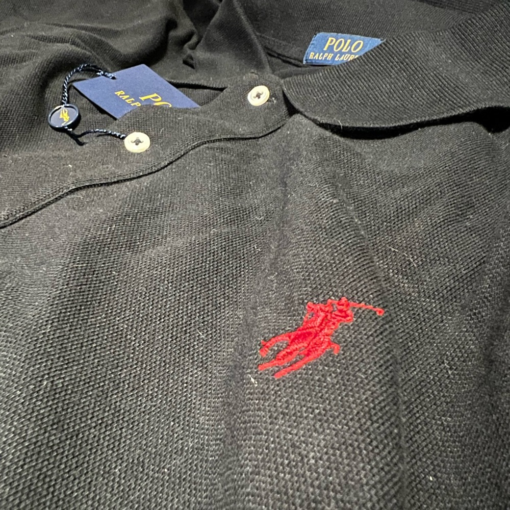 Men’s Iconic Polo by Ralph Lauren Classic Mesh Polo Shirt Black/Red - Big & Tall - Picture 6 of 8